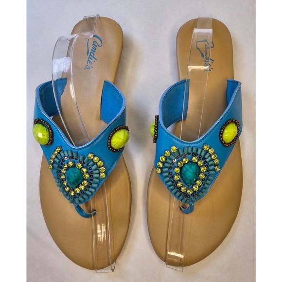 CANDIE'S Beaded Teal Blue Turquoise Embellished Thong Sandals size 9 - Picture 2 of 7